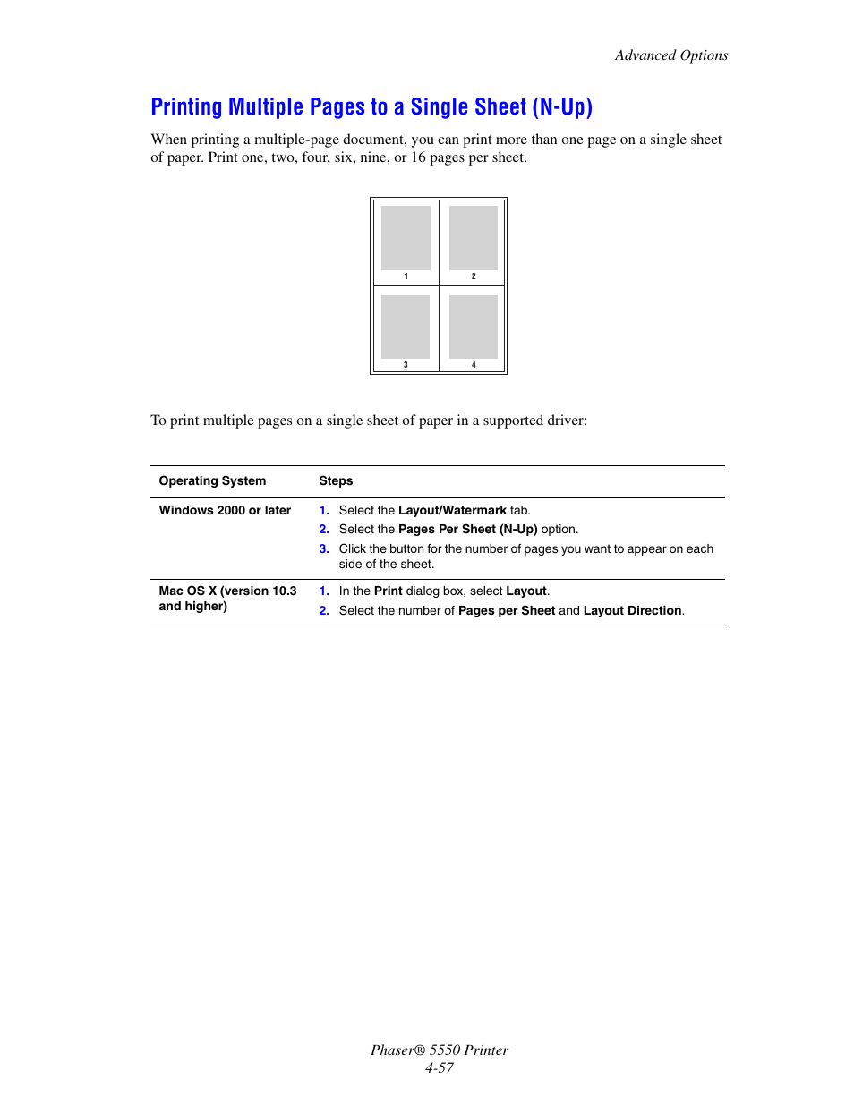 Printing multiple pages to a single sheet (n-up) | Xerox 5550 User Manual | Page 118 / 237