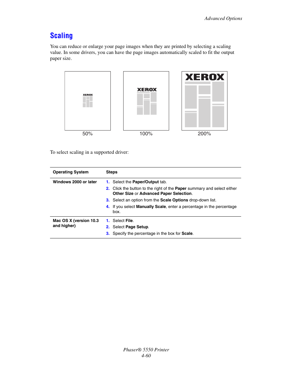 Scaling, Scaling -60 | Xerox 5550 User Manual | Page 121 / 237