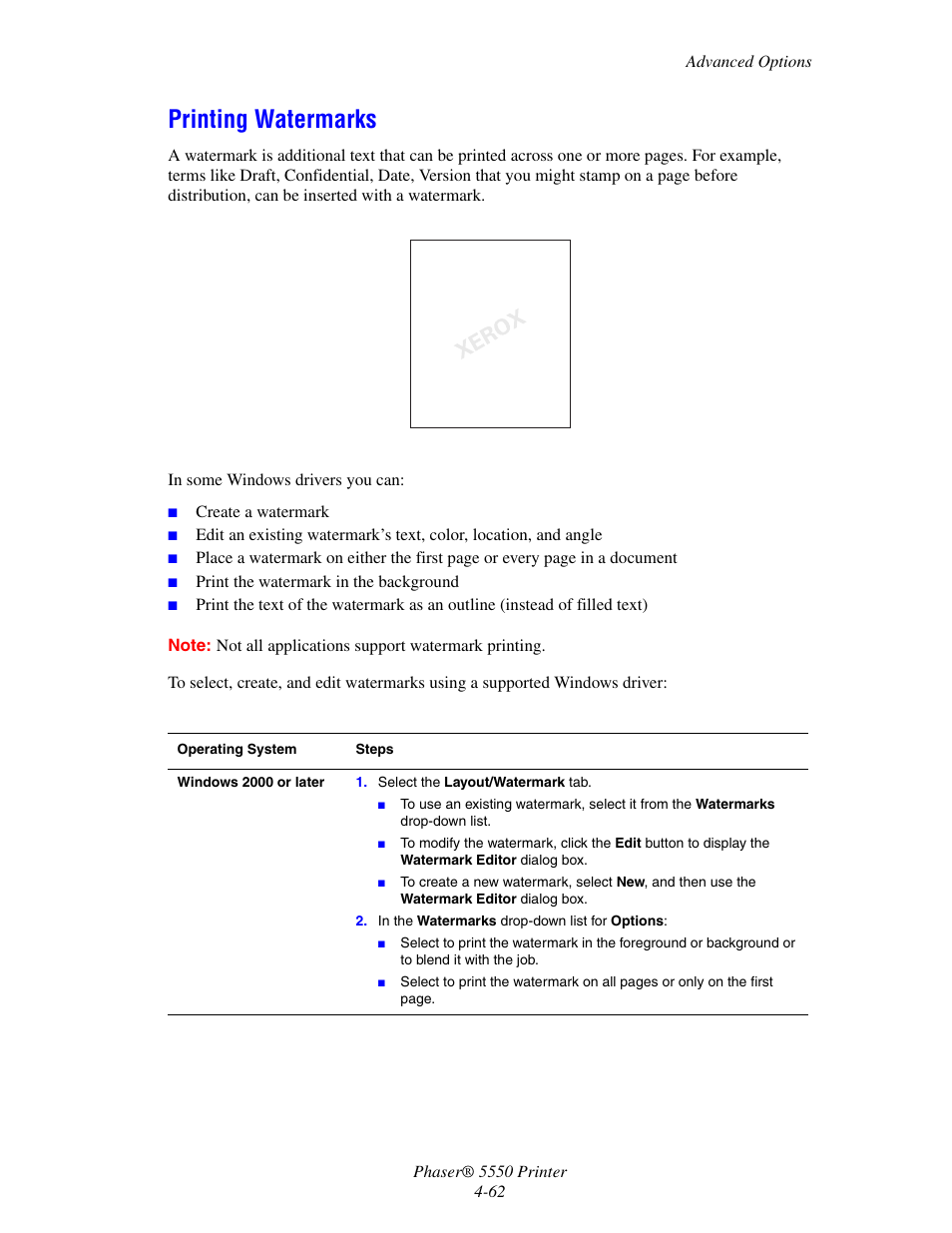 Printing watermarks, Printing watermarks -62 | Xerox 5550 User Manual | Page 123 / 237