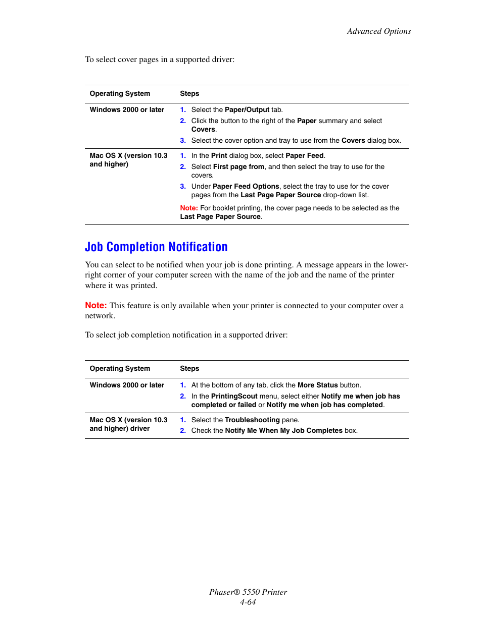 Job completion notification, Job completion notification -64 | Xerox 5550 User Manual | Page 125 / 237