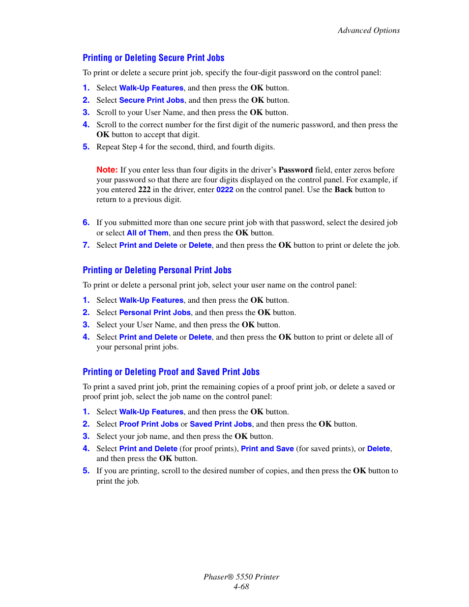 Printing or deleting secure print jobs, Printing or deleting personal print jobs, Printing or deleting proof and saved print jobs | Xerox 5550 User Manual | Page 129 / 237