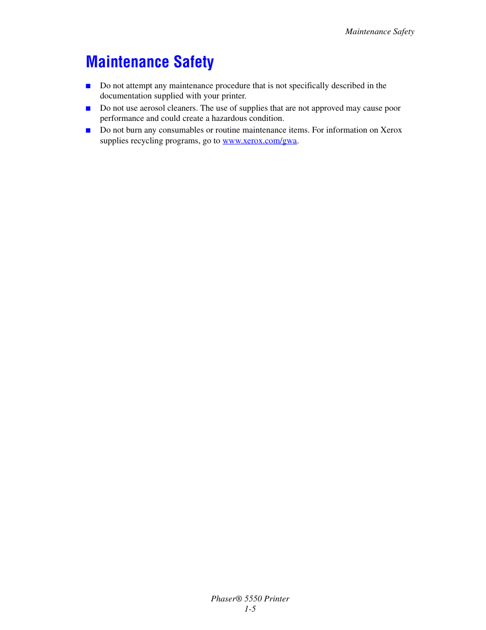 Maintenance safety, Maintenance safety -5 | Xerox 5550 User Manual | Page 13 / 237