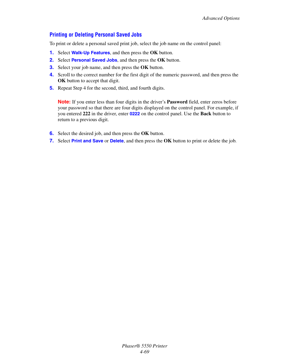 Printing or deleting personal saved jobs | Xerox 5550 User Manual | Page 130 / 237