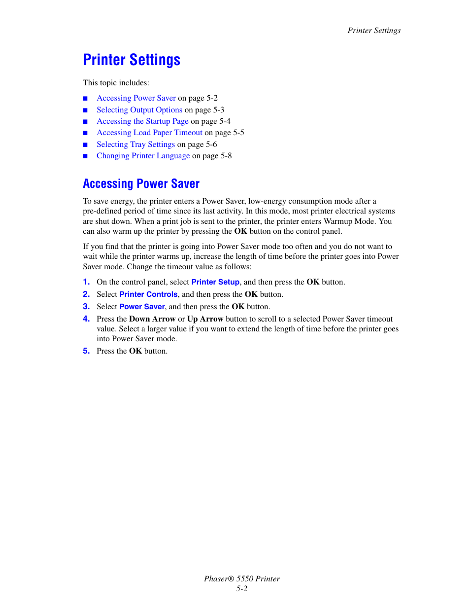 Printer settings, Accessing power saver, Printer settings -2 | Accessing power saver -2 | Xerox 5550 User Manual | Page 132 / 237