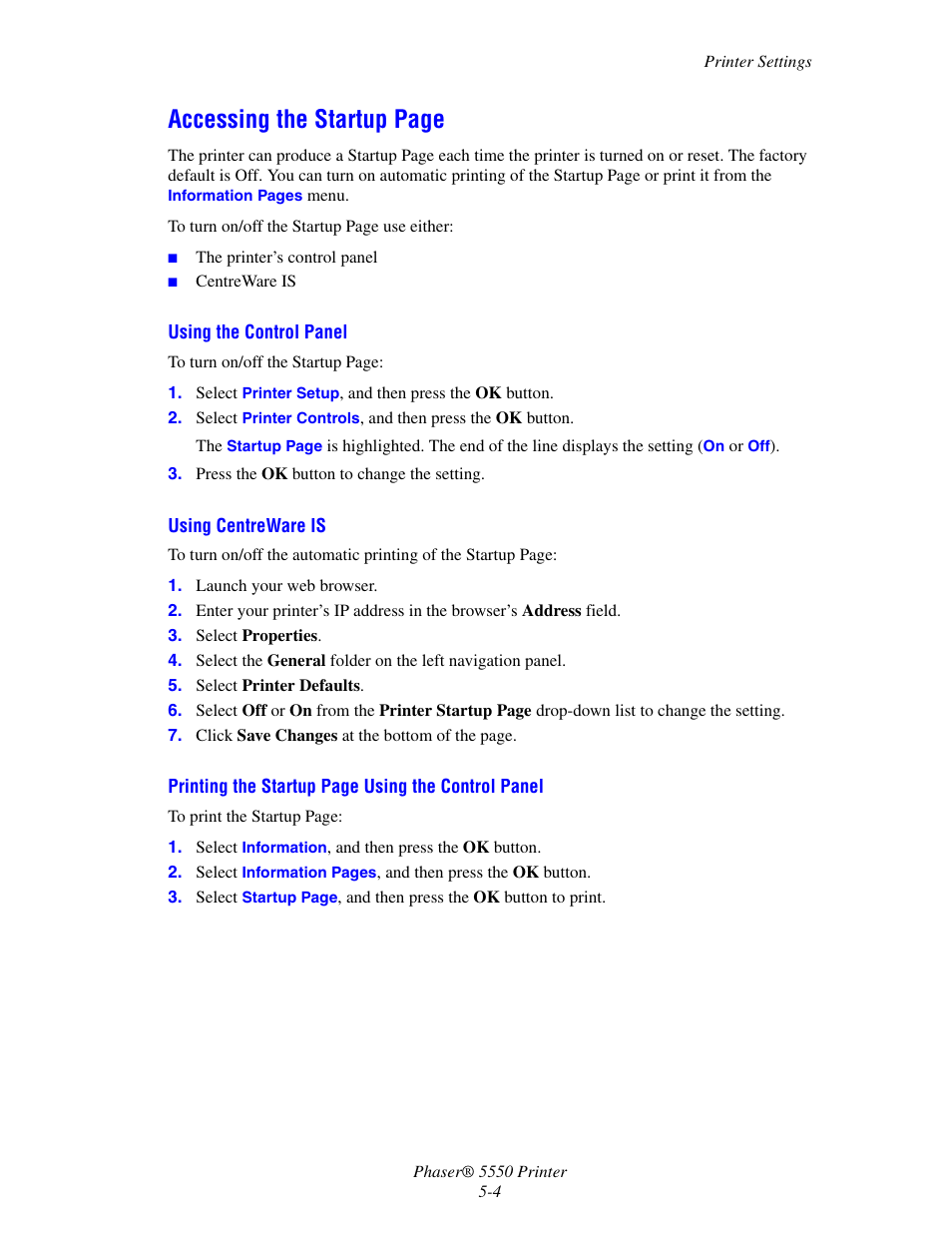 Accessing the startup page | Xerox 5550 User Manual | Page 134 / 237