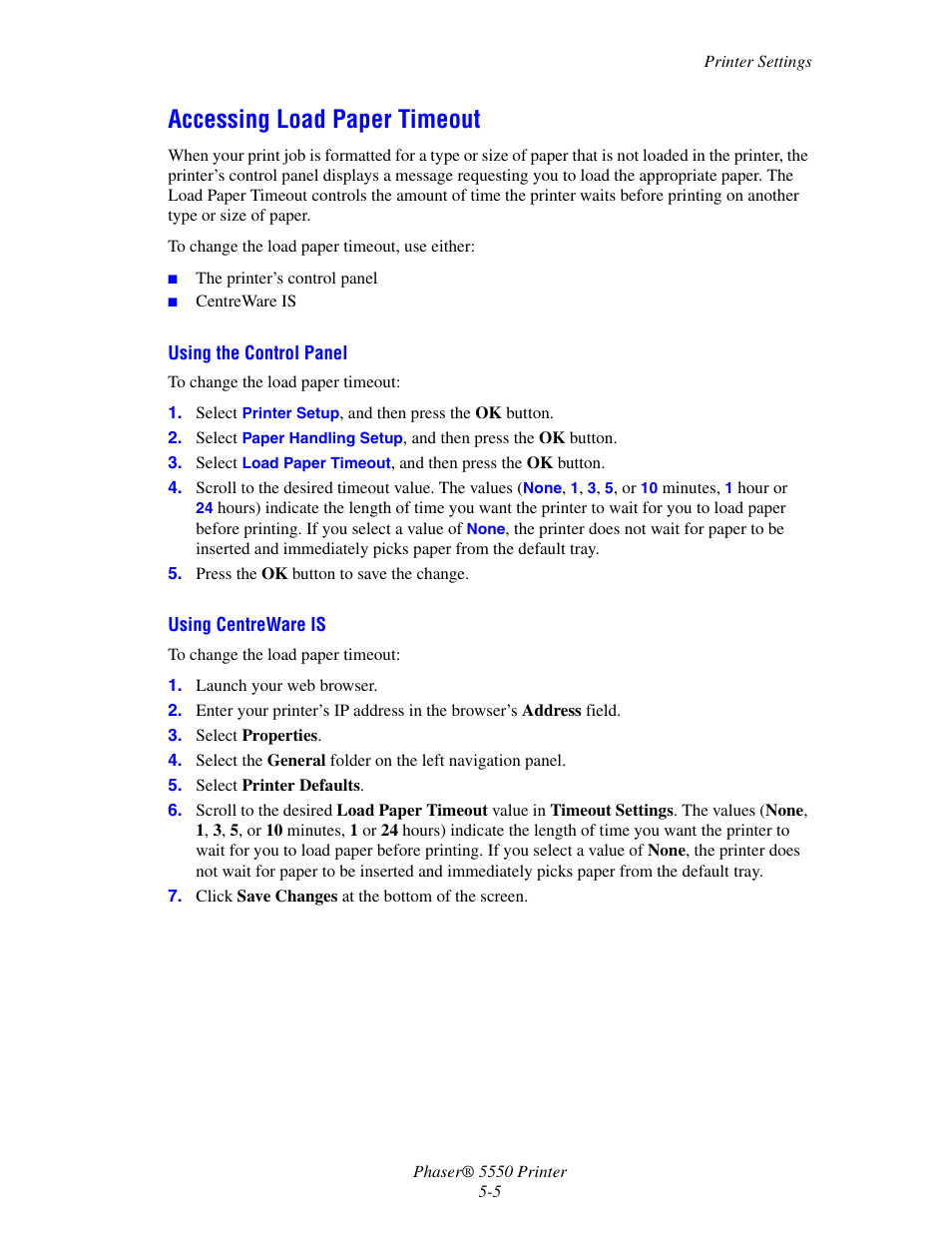 Accessing load paper timeout, Accessing load paper timeout -5 | Xerox 5550 User Manual | Page 135 / 237