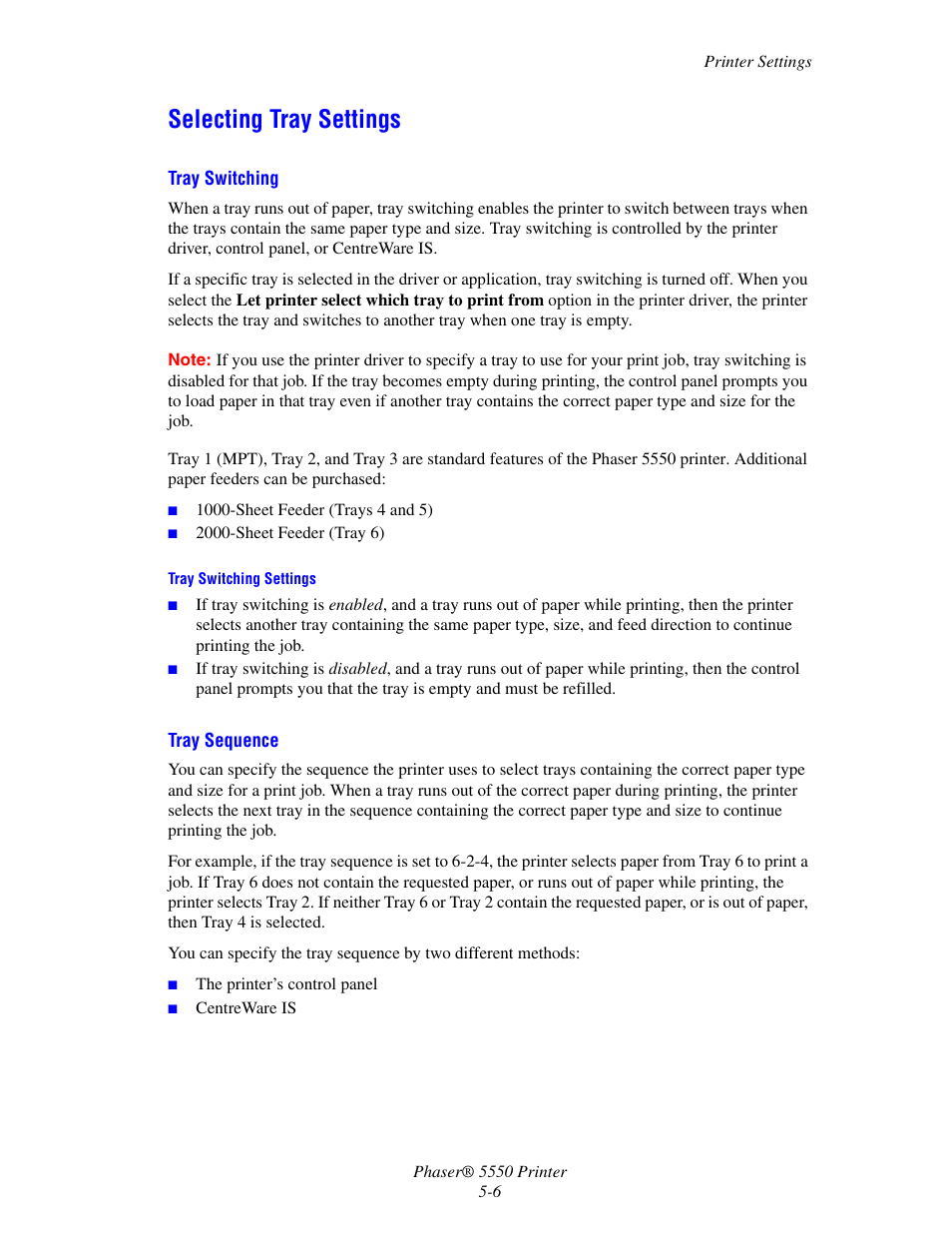 Selecting tray settings, Selecting tray settings -6 | Xerox 5550 User Manual | Page 136 / 237