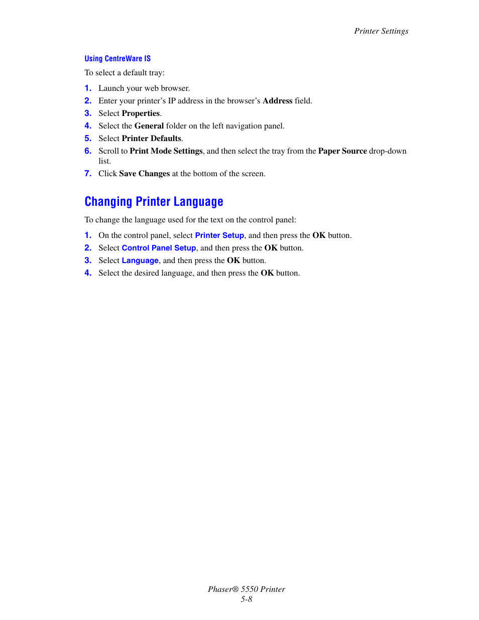 Changing printer language, Changing printer language -8 | Xerox 5550 User Manual | Page 138 / 237