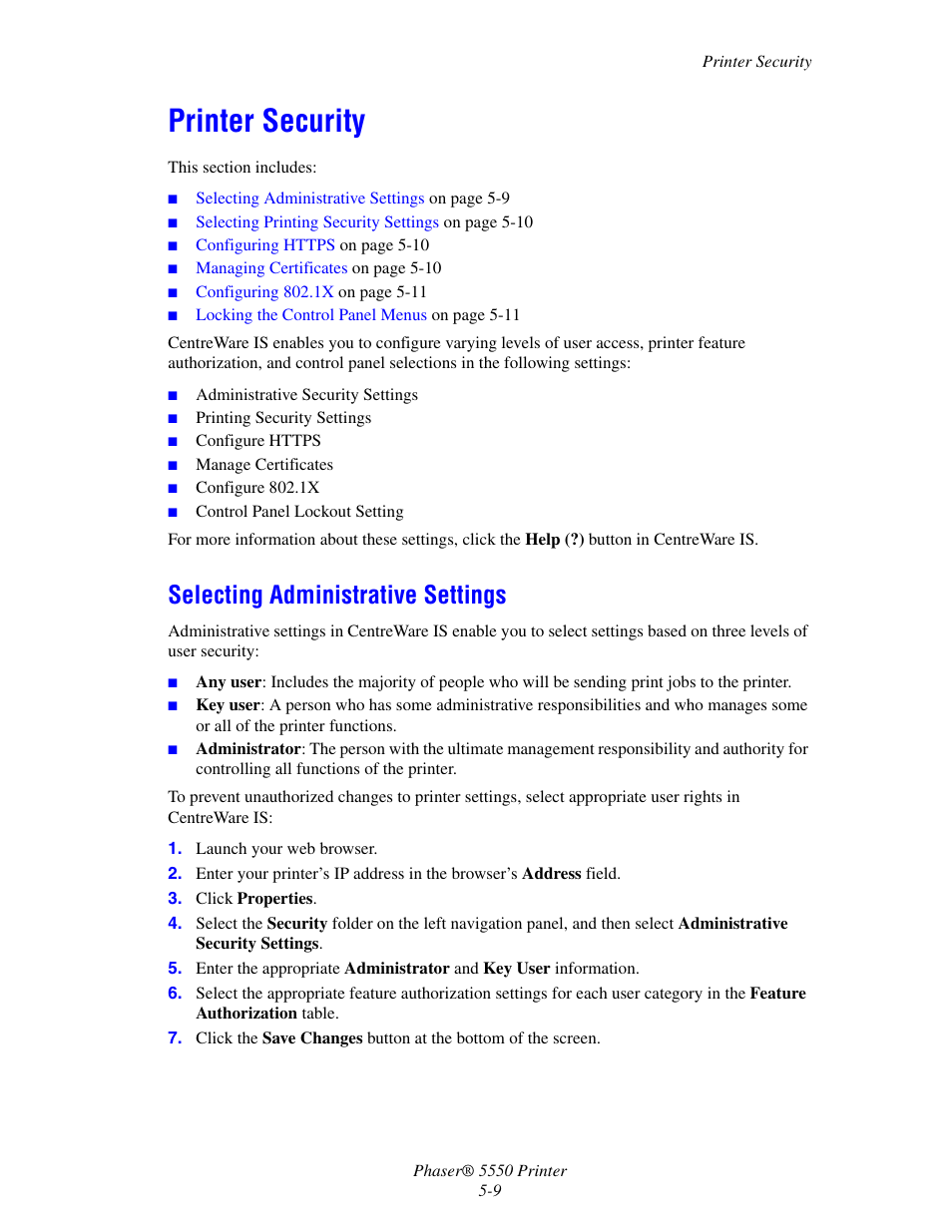 Printer security, Selecting administrative settings, Printer security -9 | Selecting administrative settings -9 | Xerox 5550 User Manual | Page 139 / 237
