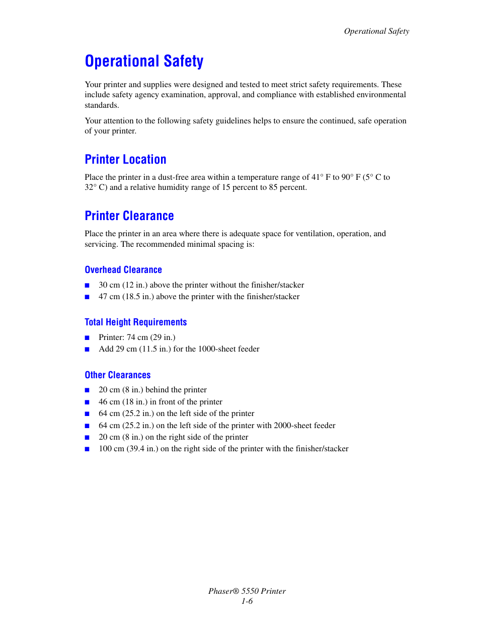 Operational safety, Printer location, Printer clearance | Operational safety -6, Printer location -6 printer clearance -6 | Xerox 5550 User Manual | Page 14 / 237