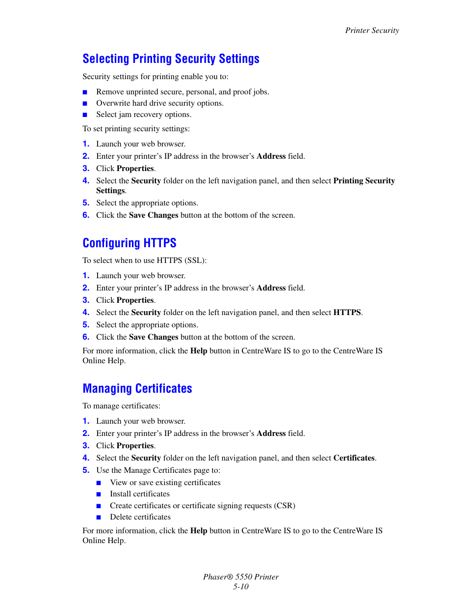 Selecting printing security settings, Configuring https, Managing certificates | Xerox 5550 User Manual | Page 140 / 237