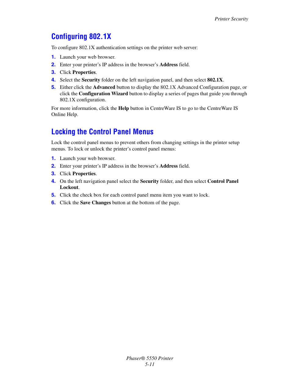 Configuring 802.1x, Locking the control panel menus | Xerox 5550 User Manual | Page 141 / 237