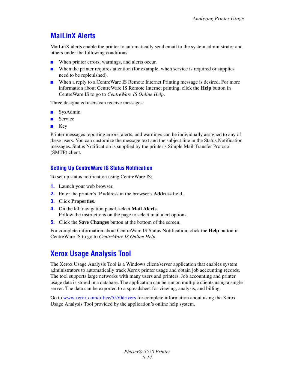 Mailinx alerts, Xerox usage analysis tool, Mailinx alerts -14 xerox usage analysis tool -14 | Xerox 5550 User Manual | Page 144 / 237