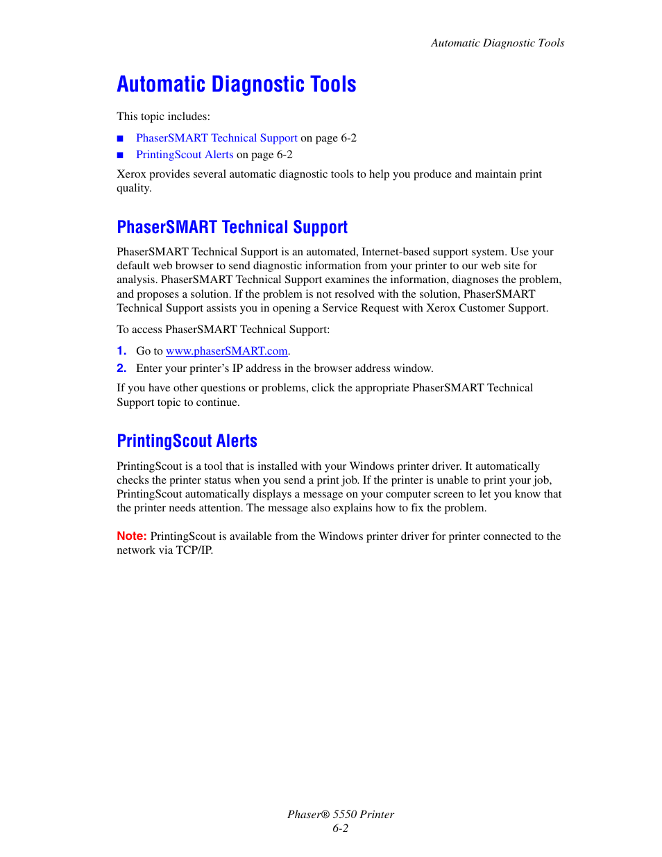 Automatic diagnostic tools, Phasersmart technical support, Printingscout alerts | Automatic diagnostic tools -2 | Xerox 5550 User Manual | Page 146 / 237
