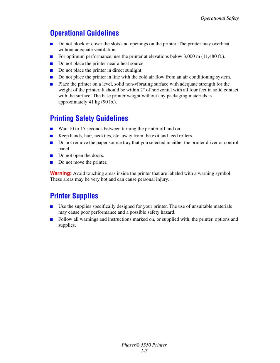 Operational guidelines, Printing safety guidelines, Printer supplies | Xerox 5550 User Manual | Page 15 / 237