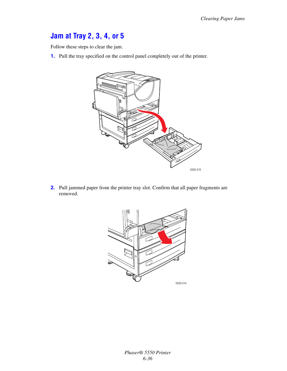 Jam at tray 2, 3, 4, or 5, Jam at tray 2, 3, 4, or 5 -36 | Xerox 5550 User Manual | Page 180 / 237