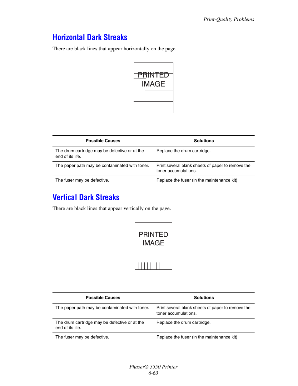Horizontal dark streaks, Vertical dark streaks | Xerox 5550 User Manual | Page 207 / 237