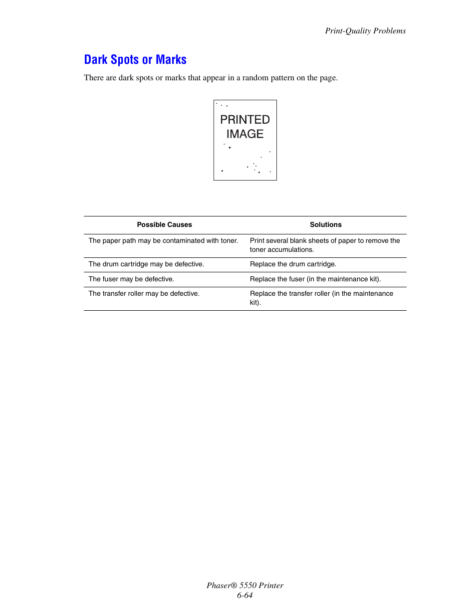 Dark spots or marks, Dark spots or marks -64 | Xerox 5550 User Manual | Page 208 / 237