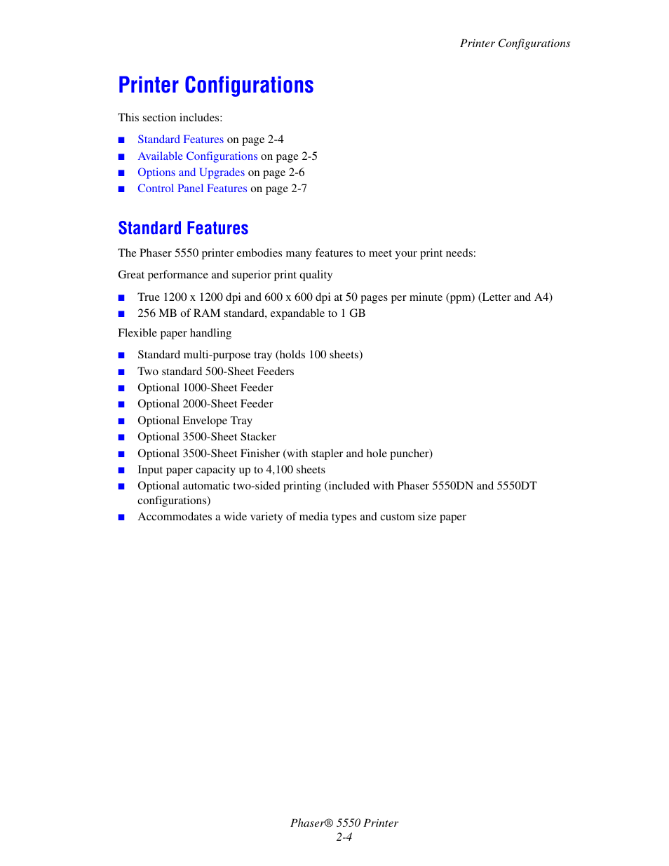 Printer configurations, Standard features, Printer configurations -4 | Standard features -4 | Xerox 5550 User Manual | Page 21 / 237