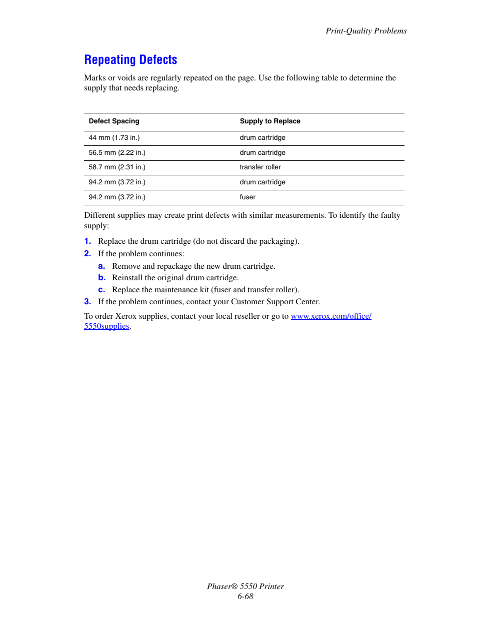Repeating defects, Repeating defects -68 | Xerox 5550 User Manual | Page 212 / 237