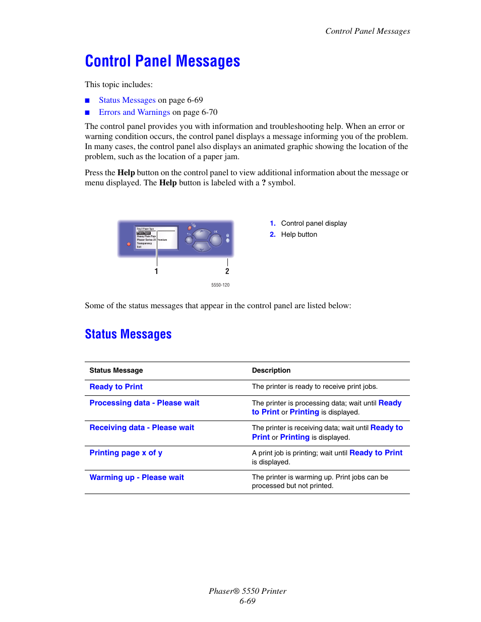 Control panel messages, Status messages, Control panel messages -69 | Status messages -69 | Xerox 5550 User Manual | Page 213 / 237
