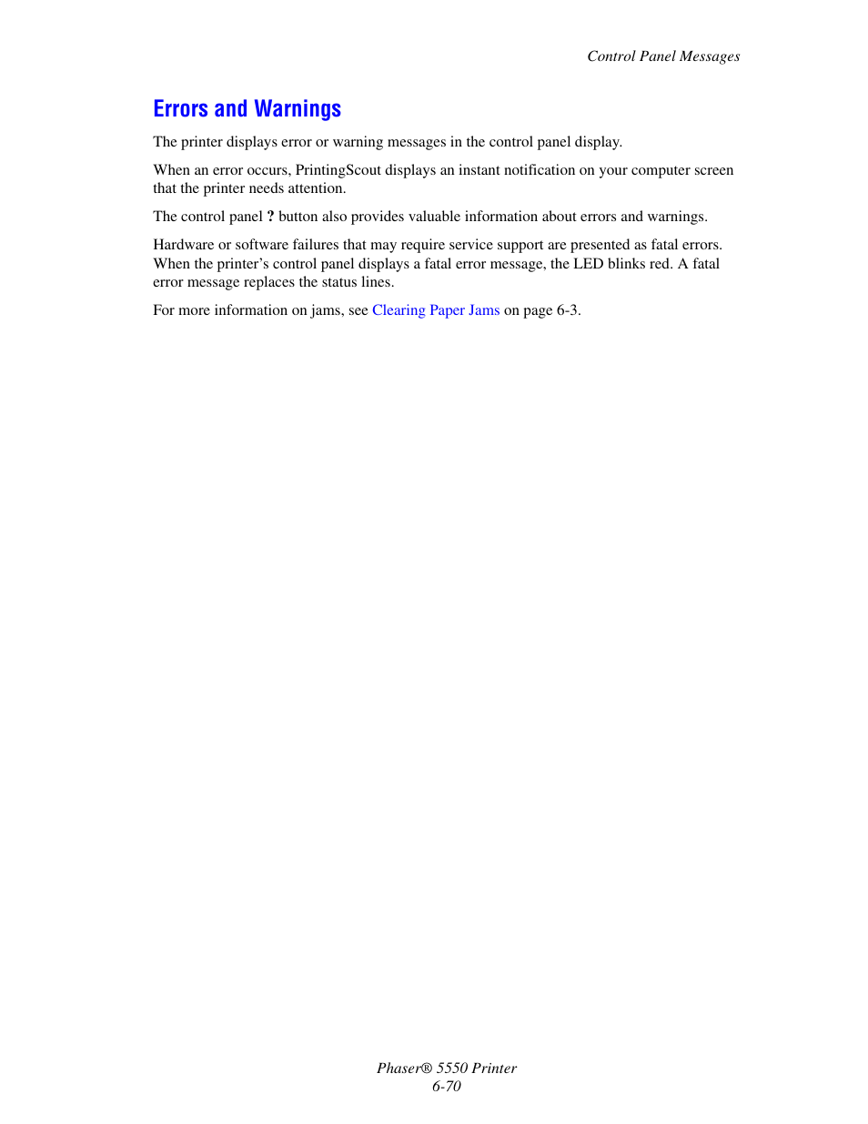 Errors and warnings, Errors and warnings -70 | Xerox 5550 User Manual | Page 214 / 237