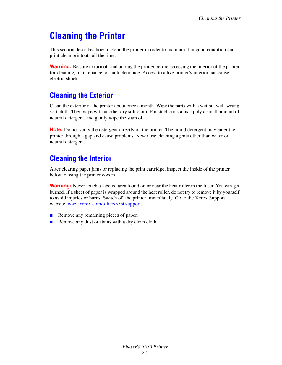 Cleaning the printer, Cleaning the exterior, Cleaning the interior | Cleaning the printer -2, Cleaning the exterior -2 cleaning the interior -2 | Xerox 5550 User Manual | Page 217 / 237