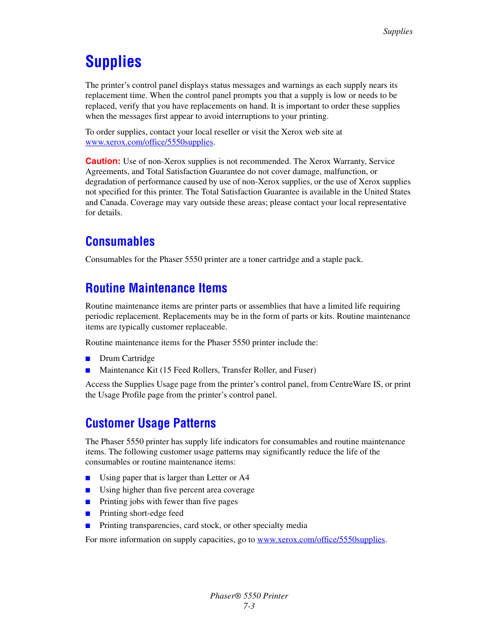 Supplies, Consumables, Routine maintenance items | Customer usage patterns, Supplies -3 | Xerox 5550 User Manual | Page 218 / 237