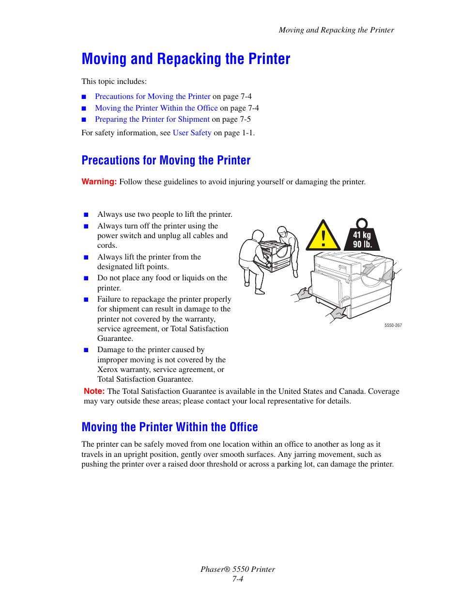 Moving and repacking the printer, Precautions for moving the printer, Moving the printer within the office | Moving and repacking the printer -4 | Xerox 5550 User Manual | Page 219 / 237