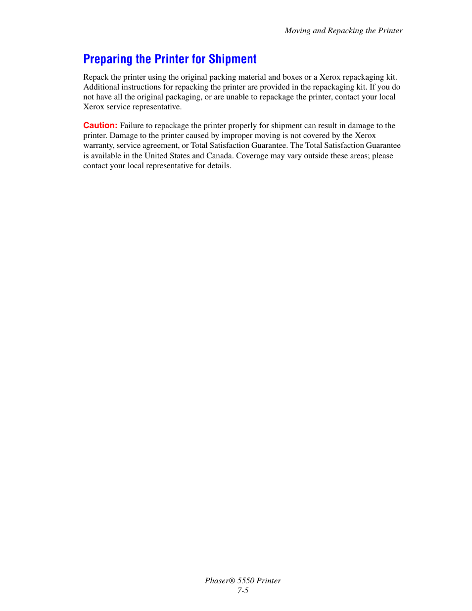 Preparing the printer for shipment, Preparing the printer for shipment -5 | Xerox 5550 User Manual | Page 220 / 237
