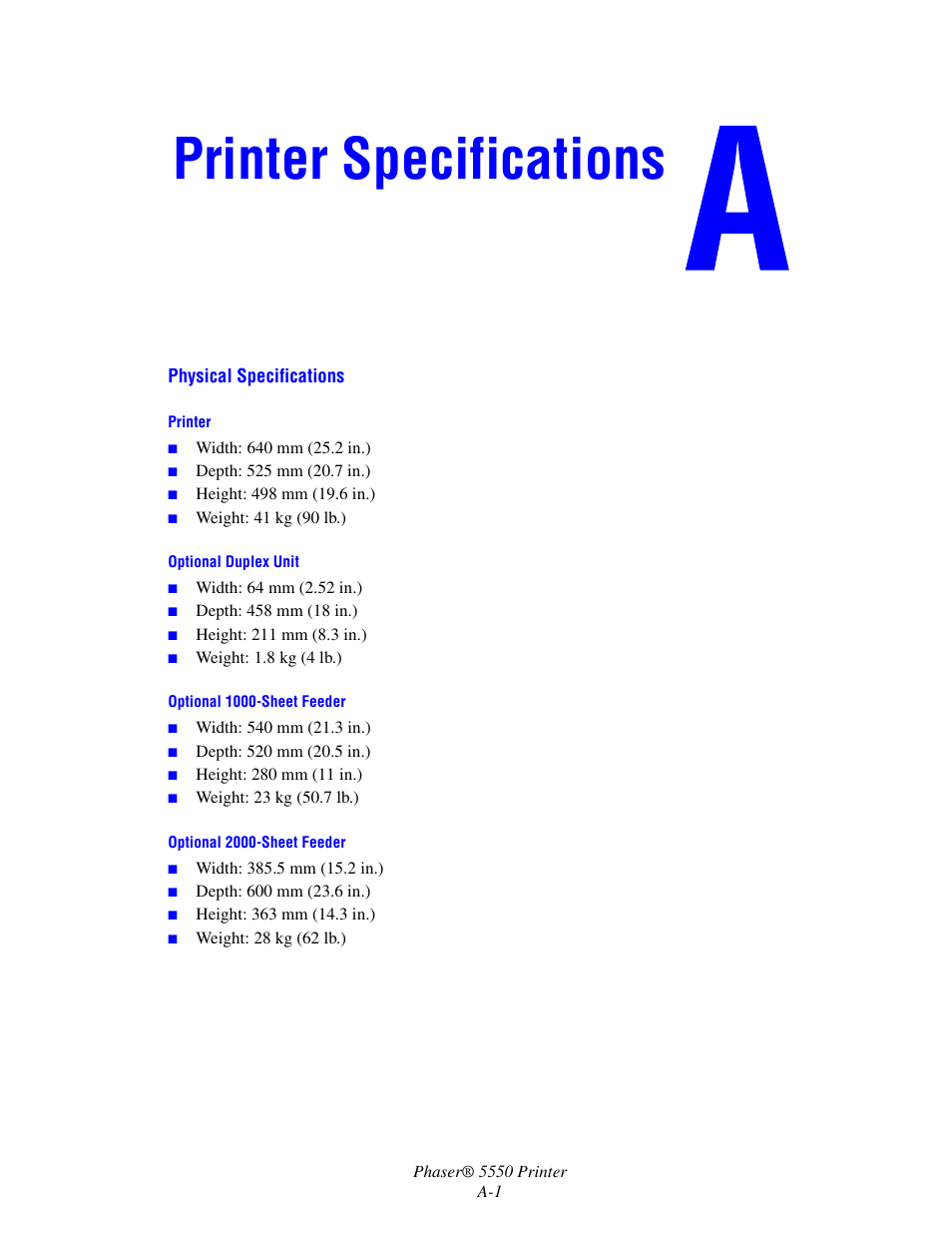 Printer specifications | Xerox 5550 User Manual | Page 221 / 237