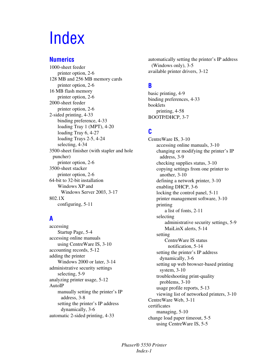 Index | Xerox 5550 User Manual | Page 228 / 237
