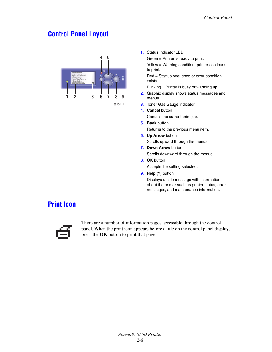 Control panel layout, Print icon, Control panel layout -8 print icon -8 | Control panel layout print icon | Xerox 5550 User Manual | Page 25 / 237