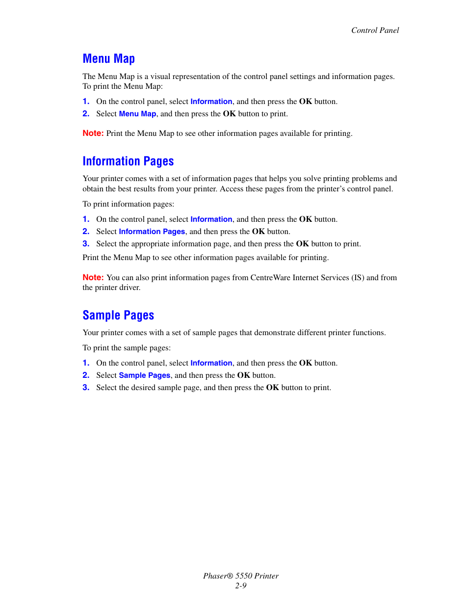 Menu map, Information pages, Sample pages | Xerox 5550 User Manual | Page 26 / 237