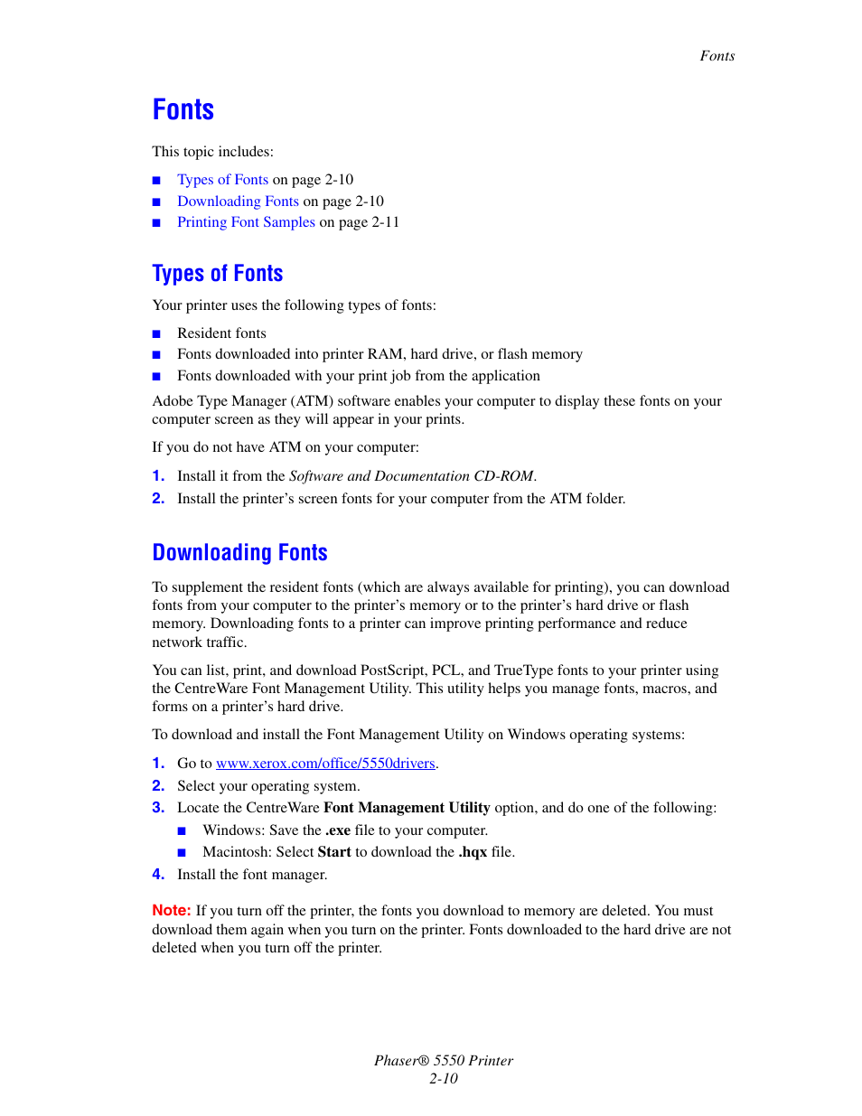 Fonts, Types of fonts, Downloading fonts | Fonts -10, Types of fonts -10 downloading fonts -10 | Xerox 5550 User Manual | Page 27 / 237