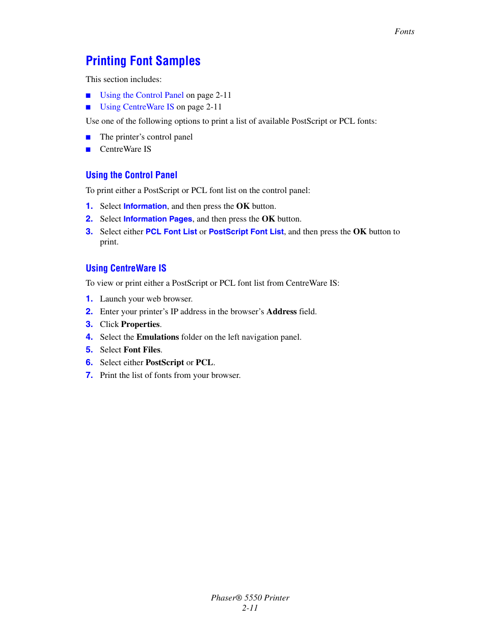 Printing font samples, Printing font samples -11 | Xerox 5550 User Manual | Page 28 / 237