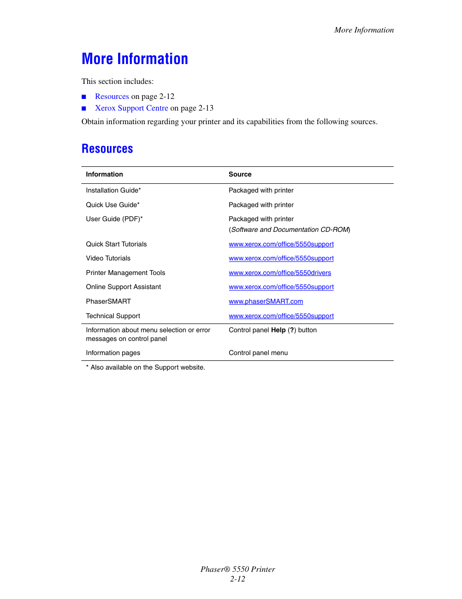 More information, Resources, More information -12 | Resources -12 | Xerox 5550 User Manual | Page 29 / 237