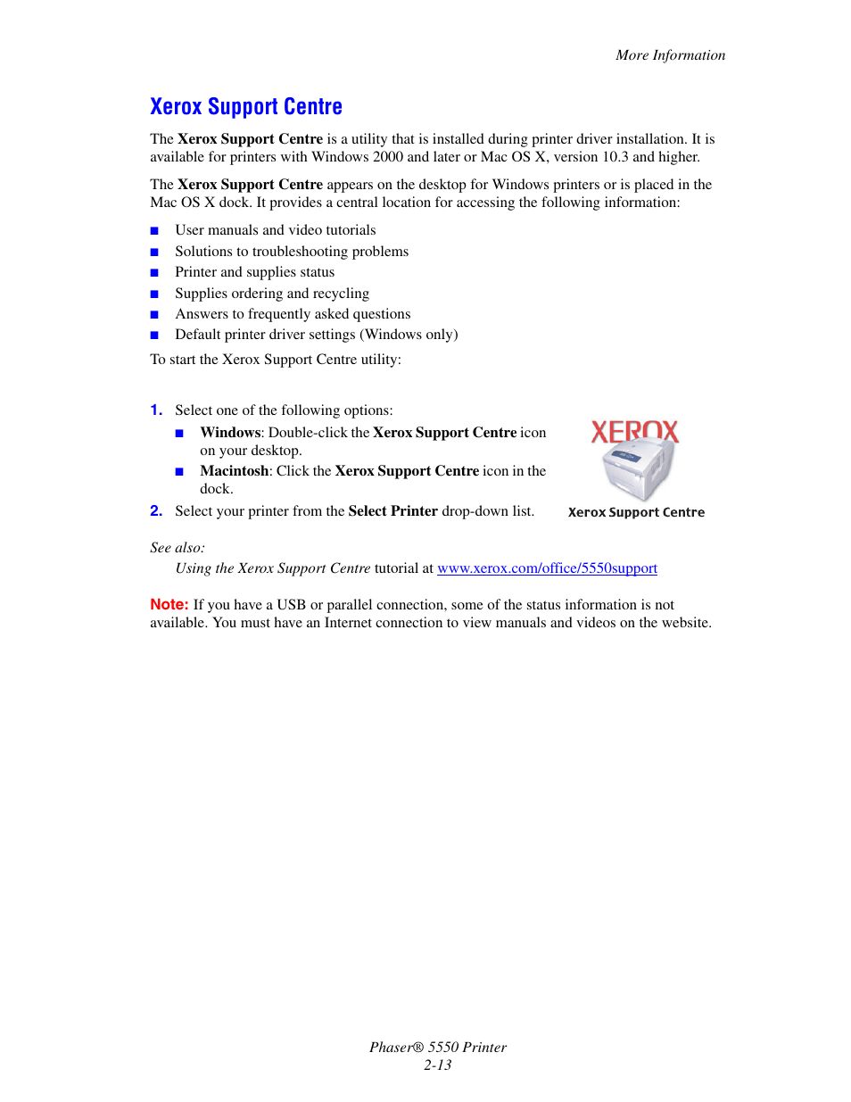 Xerox support centre, Xerox support centre -13 | Xerox 5550 User Manual | Page 30 / 237