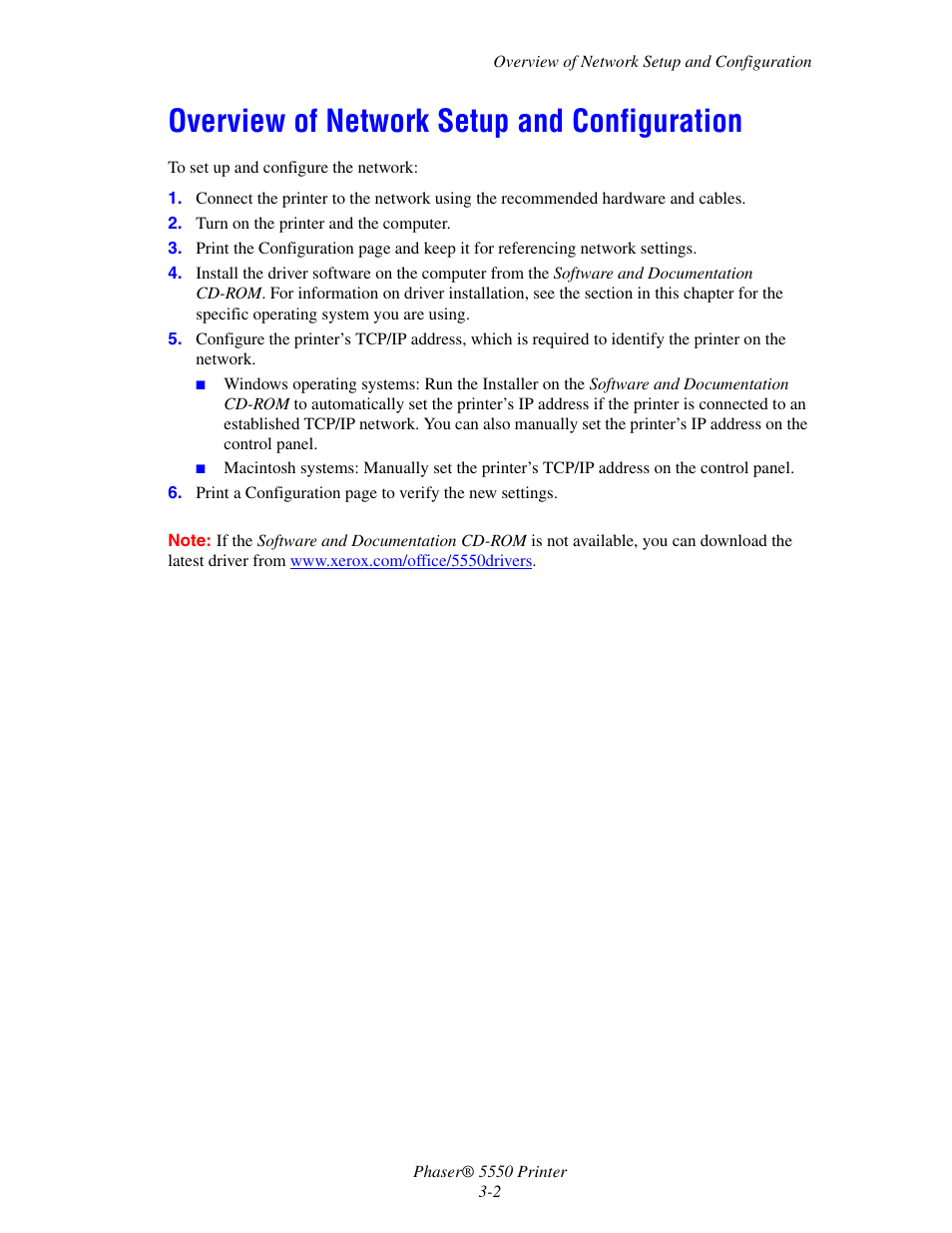 Overview of network setup and configuration, Overview of network setup and configuration -2 | Xerox 5550 User Manual | Page 32 / 237