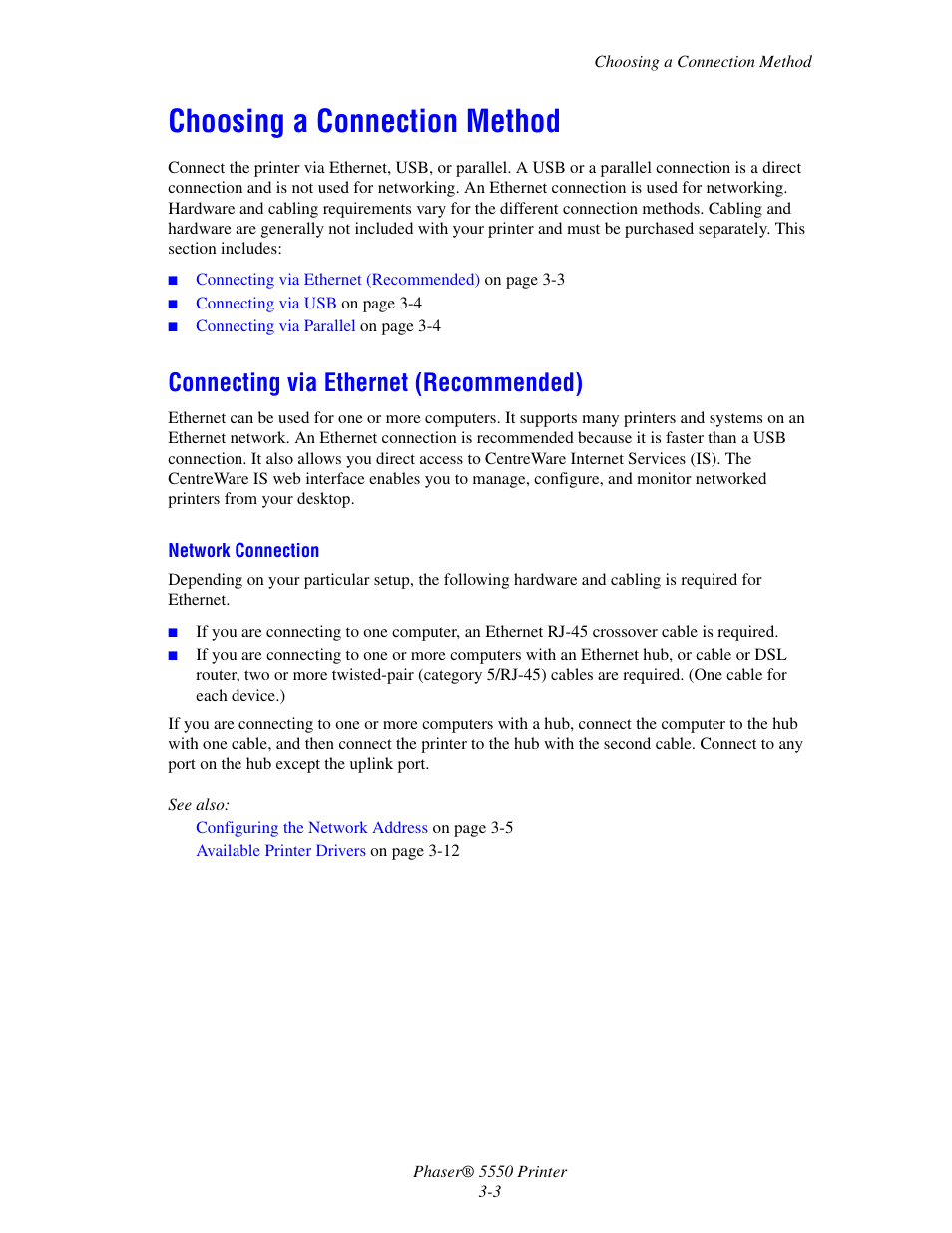 Choosing a connection method, Connecting via ethernet (recommended), Choosing a connection method -3 | Connecting via ethernet (recommended) -3 | Xerox 5550 User Manual | Page 33 / 237