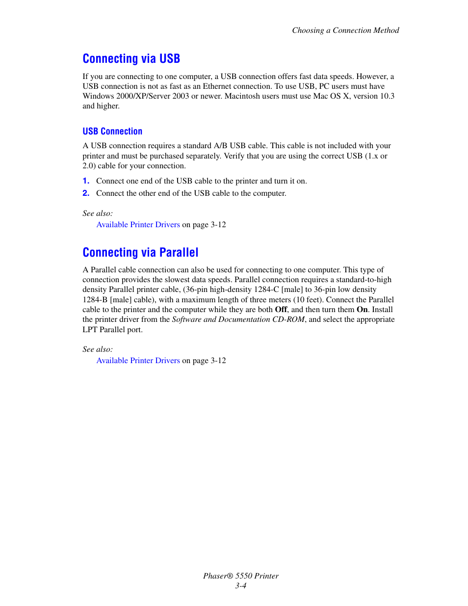 Connecting via usb, Connecting via parallel, Connecting via usb -4 connecting via parallel -4 | Xerox 5550 User Manual | Page 34 / 237