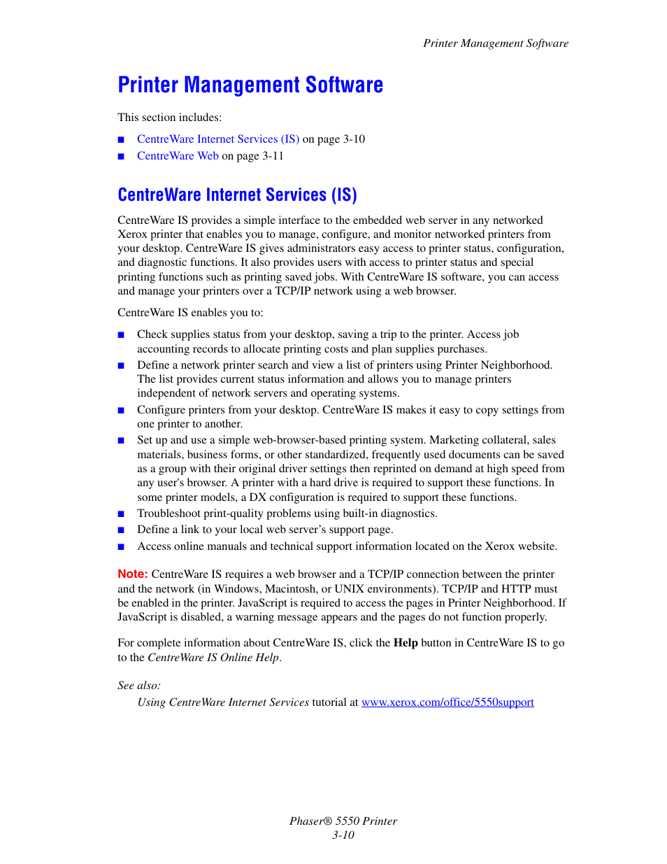 Printer management software, Centreware internet services (is), Printer management software -10 | Centreware internet services (is) -10 | Xerox 5550 User Manual | Page 40 / 237