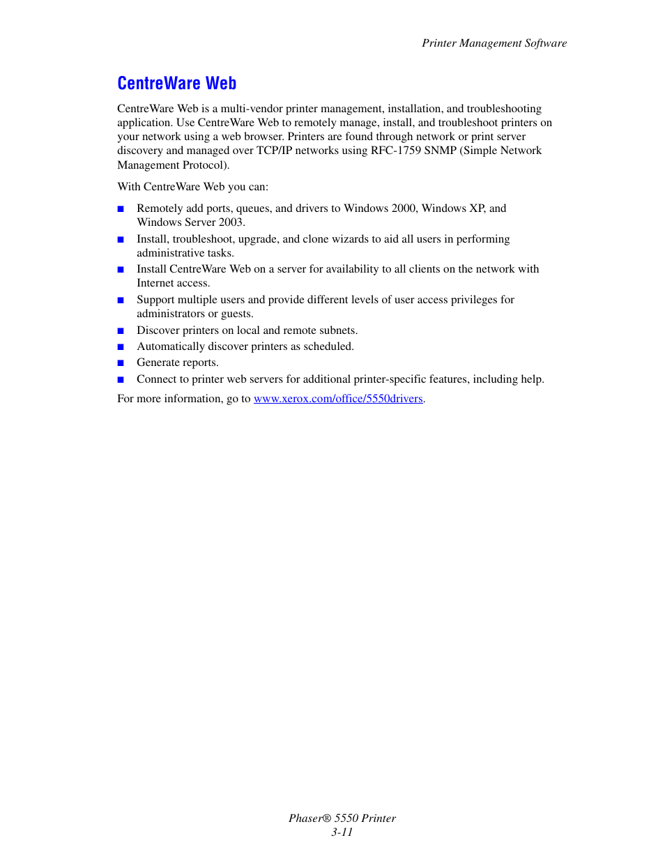 Centreware web, Centreware web -11 | Xerox 5550 User Manual | Page 41 / 237