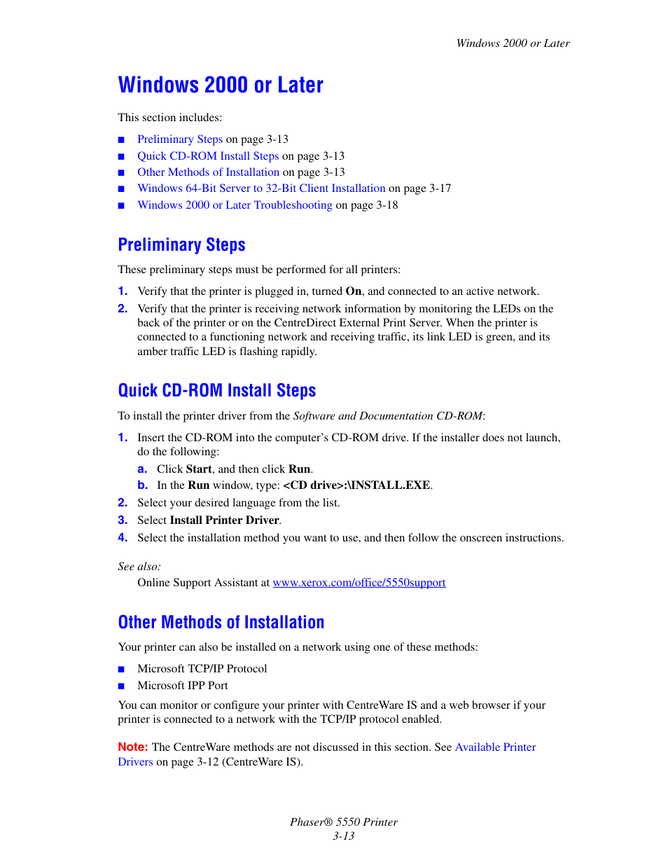 Windows 2000 or later, Preliminary steps, Quick cd-rom install steps | Other methods of installation, Windows 2000 or later -13 | Xerox 5550 User Manual | Page 43 / 237
