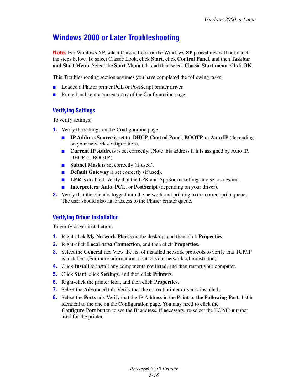 Windows 2000 or later troubleshooting, Windows 2000 or later troubleshooting -18 | Xerox 5550 User Manual | Page 48 / 237