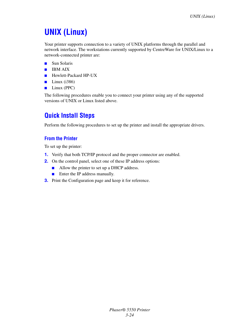 Unix (linux), Quick install steps, Unix (linux) -24 | Quick install steps -24 | Xerox 5550 User Manual | Page 54 / 237