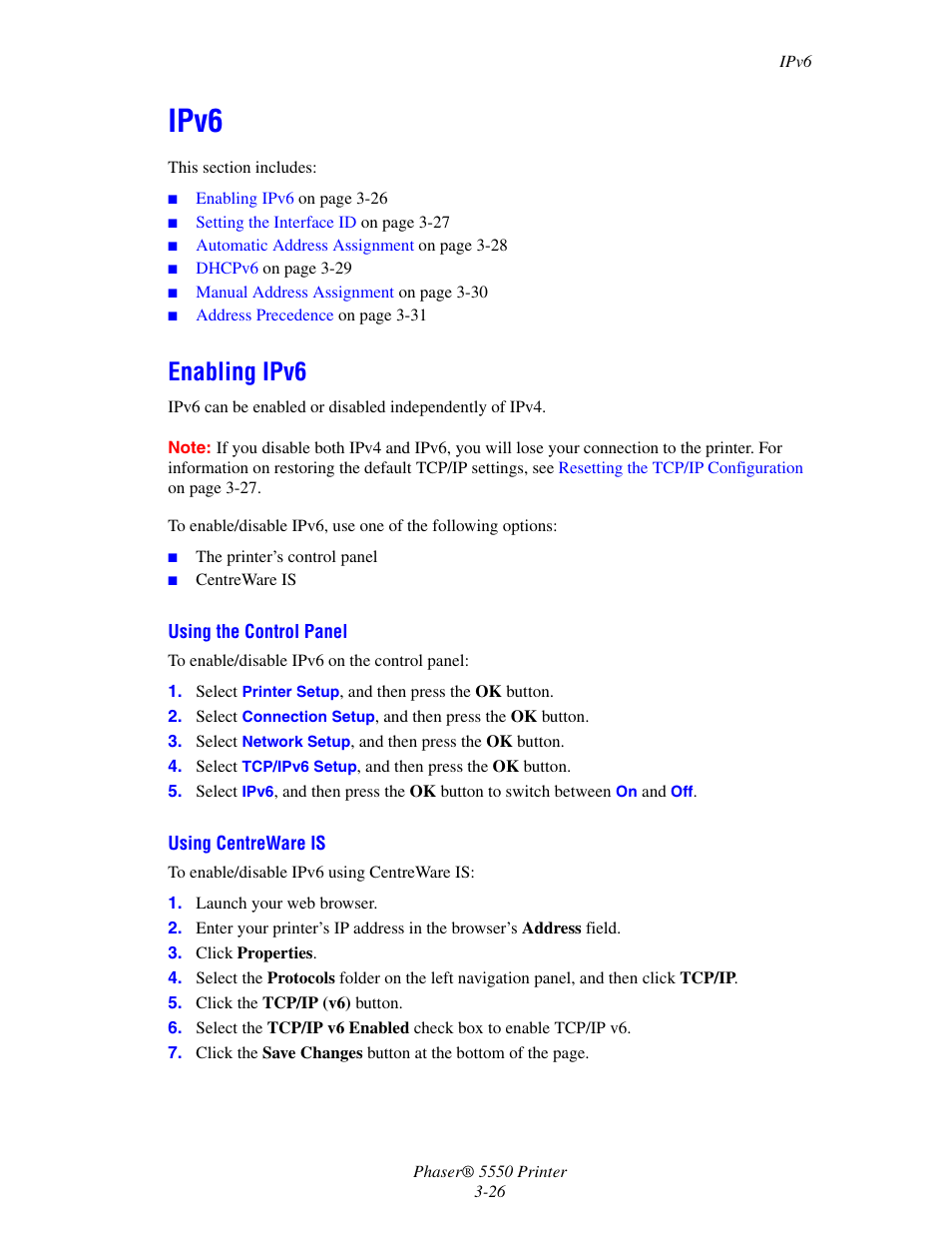 Ipv6, Enabling ipv6, Ipv6 -26 | Enabling ipv6 -26 | Xerox 5550 User Manual | Page 56 / 237