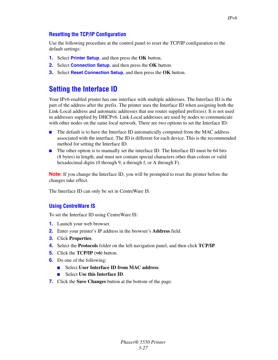 Setting the interface id, Setting the interface id -27, Resetting the tcp/ip configuration | Xerox 5550 User Manual | Page 57 / 237