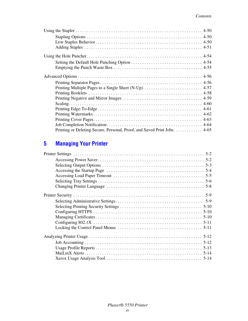 5managing your printer | Xerox 5550 User Manual | Page 6 / 237