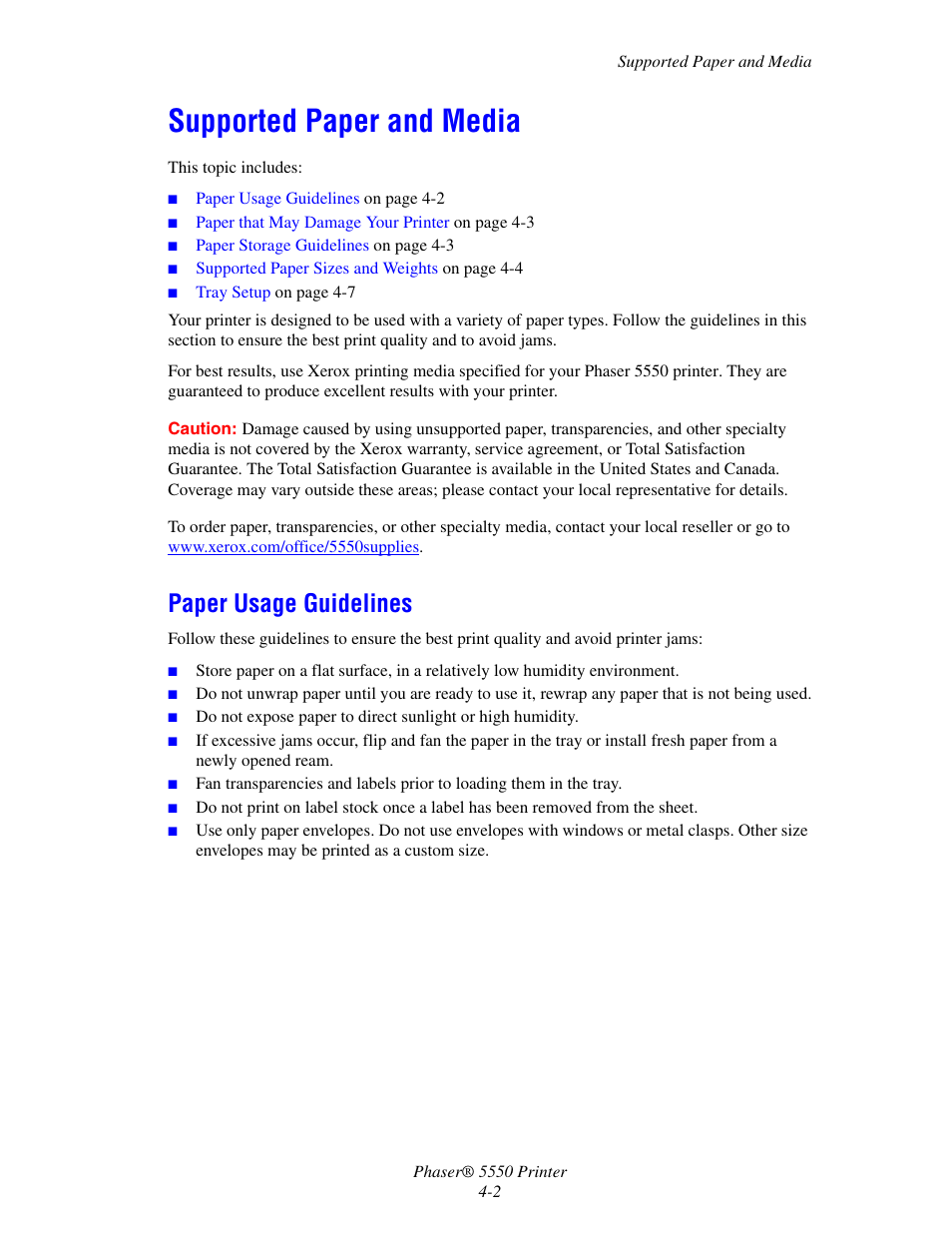 Supported paper and media, Paper usage guidelines, Supported paper and media -2 | Paper usage guidelines -2 | Xerox 5550 User Manual | Page 63 / 237